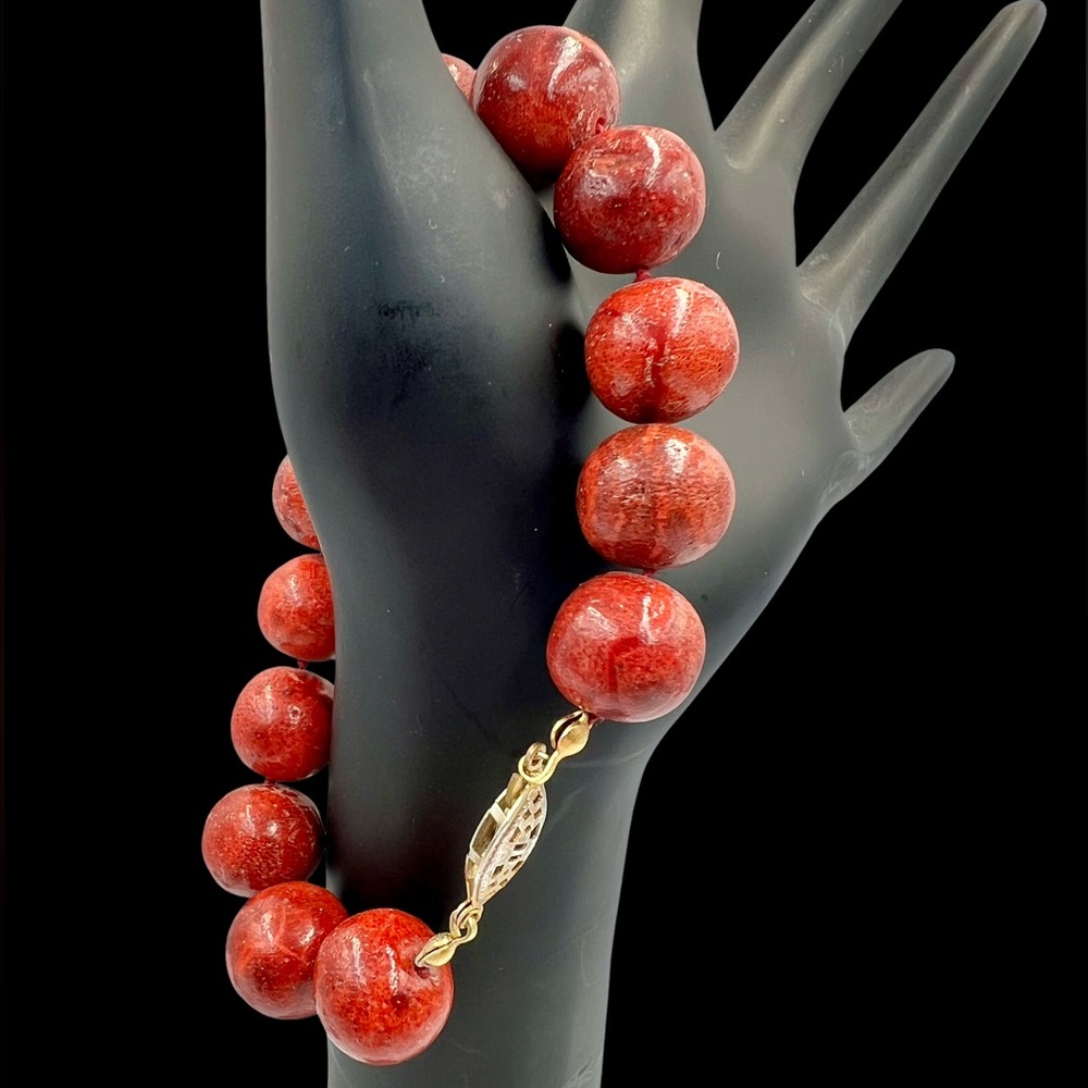 Hand Tied Red Rust Beaded Bracelet with Gold Tone Fish Hook Clasp 8”